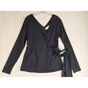 Fabletics Womens XXL Sleek Knit Tie Front Top Long Sleeves Black 2XL V Neck